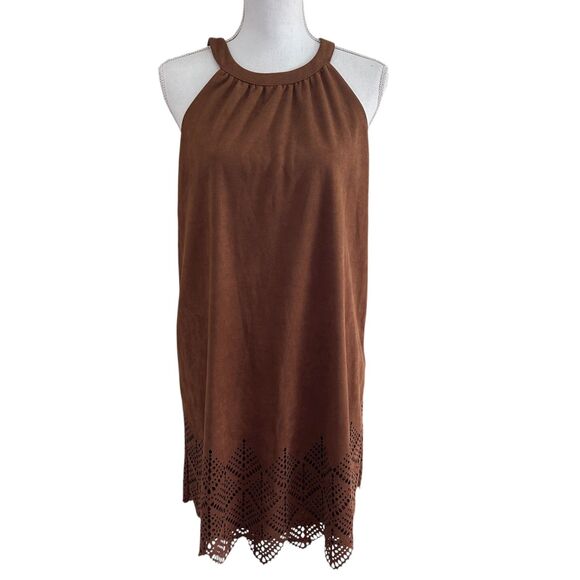 Rue21 Brown Faux Suede Shift Dress XL Laser Cut Hem Sleeveless Boho Festival - Picture 1 of 9